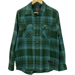 Troll Co Flannel Shirt Mens Size Small Pearl Snap Plaid Shacket Plaid Green Work